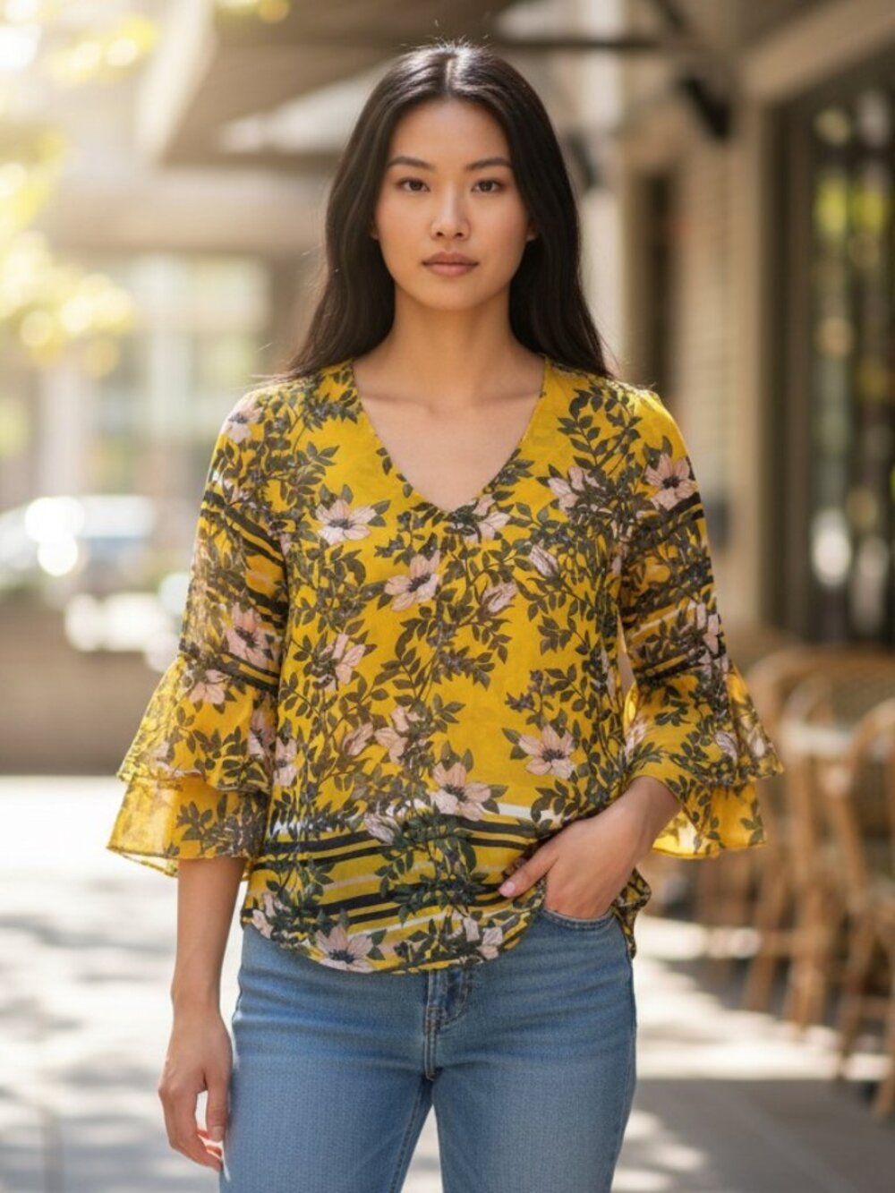 Cabi Yellow Floral Bell Sleeve Blouse Womens Small V-Neck Lightweight Top
